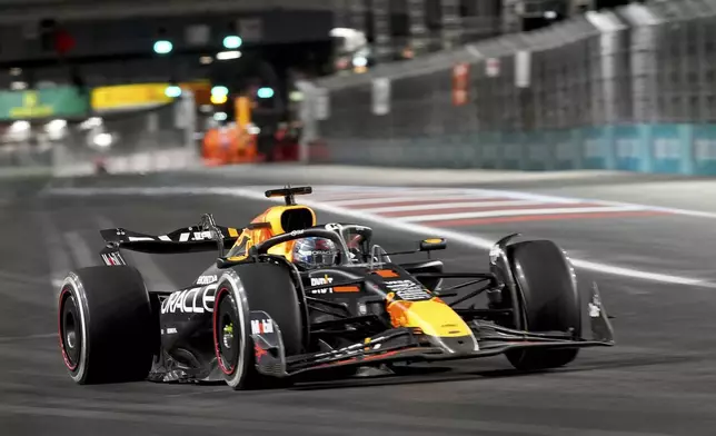 Red Bull driver Max Verstappen, of the Netherlands, races during the F1 Las Vegas Grand Prix auto race, Saturday, Nov. 23, 2024, in Las Vegas. (AP Photo/Matt York)