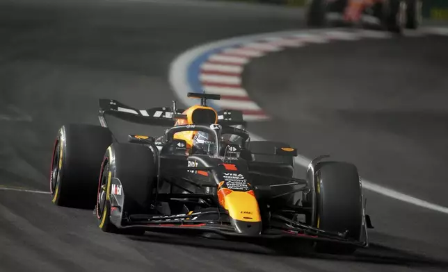 Red Bull driver Max Verstappen, of the Netherlands, competes during the F1 Las Vegas Grand Prix auto race, Sunday, Nov. 24, 2024, in Las Vegas. (AP Photo/Matt York)