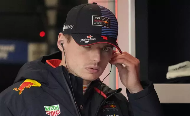 Red Bull driver Max Verstappen, of the Netherlands, waits in the garage before the final practice session for the Formula One U.S. Grand Prix auto race, Friday, Nov. 22, 2024, in Las Vegas. (AP Photo/John Locher)