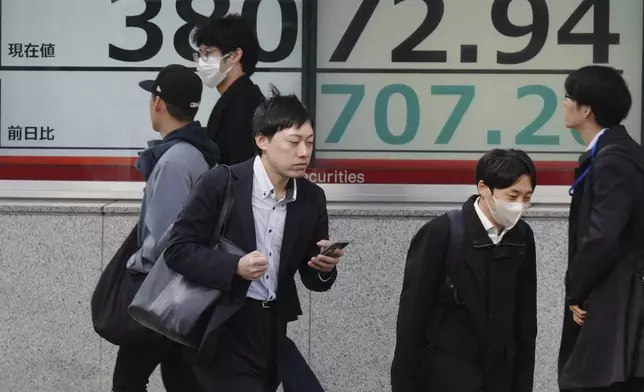 People walk in front of an electronic stock board showing Japan's Nikkei index at a securities firm Tuesday, Nov. 26, 2024, in Tokyo. (AP Photo/Eugene Hoshiko)