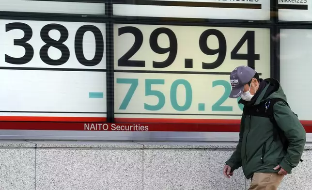 A person walks in front of an electronic stock board showing Japan's Nikkei index at a securities firm Tuesday, Nov. 26, 2024, in Tokyo. (AP Photo/Eugene Hoshiko)