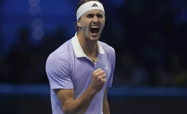 Germany's Alexander Zverev reacts during the semifinal tennis match against Taylor Fritz of the United States at the ATP World Tour Finals at the Inalpi Arena in Turin, Italy, Saturday, Nov. 16, 2024. (AP Photo/Antonio Calanni)