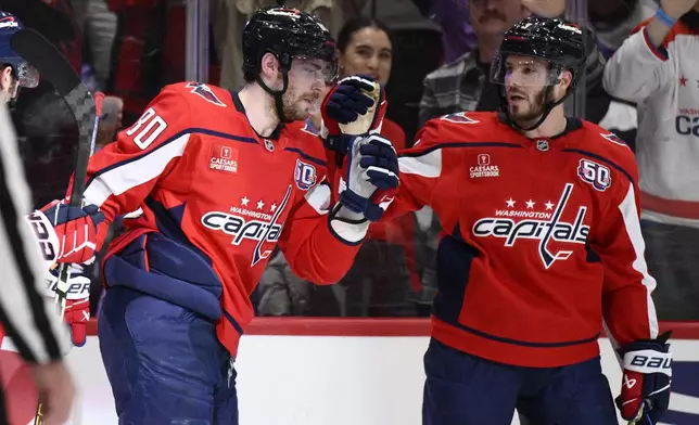 Washington Capitals left wing Pierre-Luc Dubois (80) celebrates after his goal with defenseman Matt Roy, right, during the first period of an NHL hockey game against the Colorado Avalanche, Thursday, Nov. 21, 2024, in Washington. (AP Photo/Nick Wass)