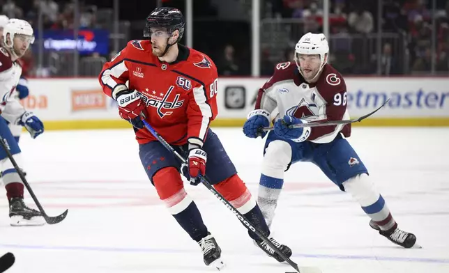 Washington Capitals left wing Pierre-Luc Dubois (80) skates with the puck past Colorado Avalanche right wing Mikko Rantanen (96) during the second period of an NHL hockey game, Thursday, Nov. 21, 2024, in Washington. (AP Photo/Nick Wass)