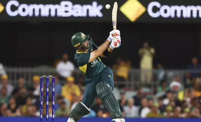 Australia's Glenn Maxwell bats during the T20 cricket international between Pakistan and Australia at the Gabba in Brisbane, Australia, Thursday, Nov. 14, 2024. (AP Photo/Tertius Pickard)