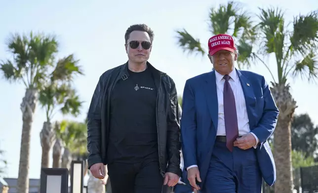 President-elect Donald Trump walks with Elon Musk before the launch of the sixth test flight of the SpaceX Starship rocket Tuesday, Nov. 19, 2024 in Boca Chica, Texas. (Brandon Bell/Pool via AP)