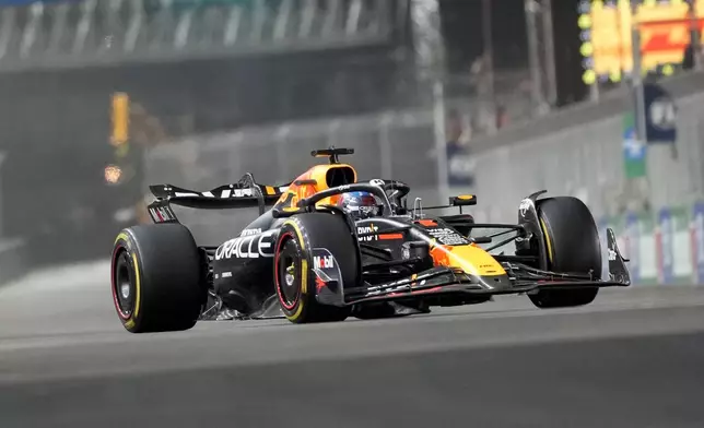 Red Bull driver Max Verstappen, of the Netherlands, drives the course during a practice session for the Formula One U.S. Grand Prix auto race, Thursday, Nov. 21, 2024, in Las Vegas. (AP Photo/Matt York)