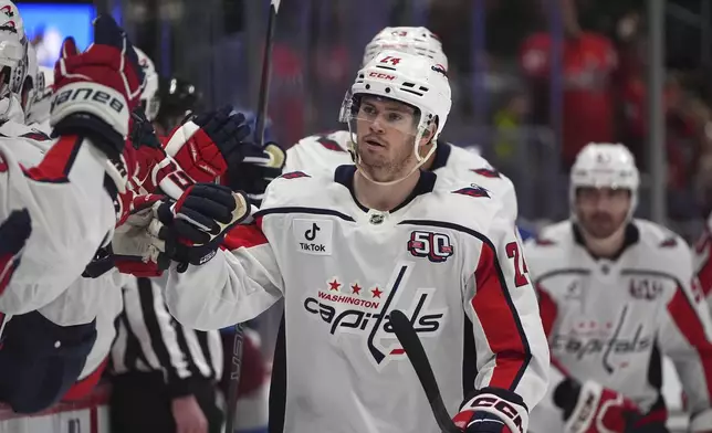 Washington Capitals center Connor McMichael, center, is congratulated as he passes the team box after scoring against the Colorado Avalanche in the first period of an NHL hockey game Friday, Nov. 15, 2024, in Denver. (AP Photo/David Zalubowski)