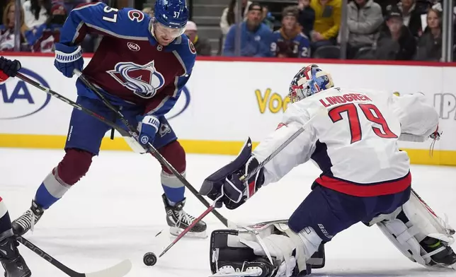 Washington Capitals goaltender Charlie Lindgren, right, makes a stick-save of a shot by Colorado Avalanche center Casey Mittelstadt in the first period of an NHL hockey game Friday, Nov. 15, 2024, in Denver. (AP Photo/David Zalubowski)