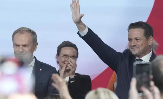 Poland's Prime Minister Donald Tusk, left, stands on stage with Warsaw Mayor Rafal Trzaskowski, right, for a presidential election announcement in Warsaw, Poland, on Saturday Nov. 23, 2024. (AP Photo/Czarek Sokolowski)