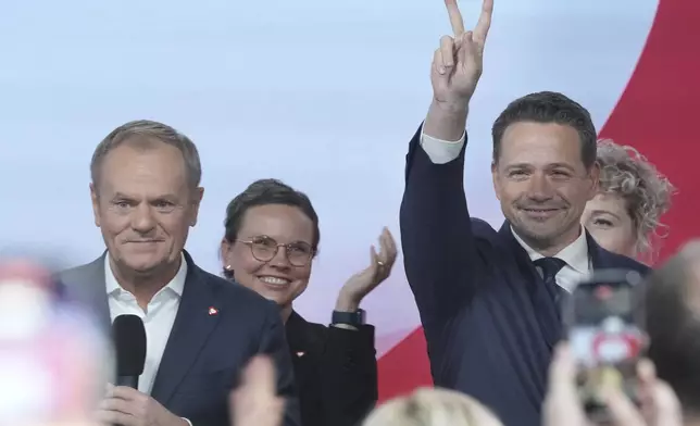 Poland's Prime Minister Donald Tusk, left, stands on stage with Warsaw Mayor Rafal Trzaskowski, right, for a presidential election announcement in Warsaw, Poland, on Saturday Nov. 23, 2024. (AP Photo/Czarek Sokolowski)