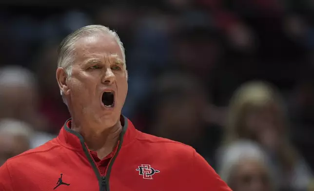 San Diego State head coach Brian Dutcher reacts during the first half of an NCAA college basketball game against Gonzaga Monday, Nov. 18, 2024, in San Diego. (AP Photo/Gregory Bull)