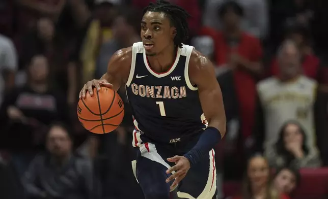 Gonzaga guard Michael Ajayi dribbles during the first half of an NCAA college basketball game against San Diego State Monday, Nov. 18, 2024, in San Diego. (AP Photo/Gregory Bull)