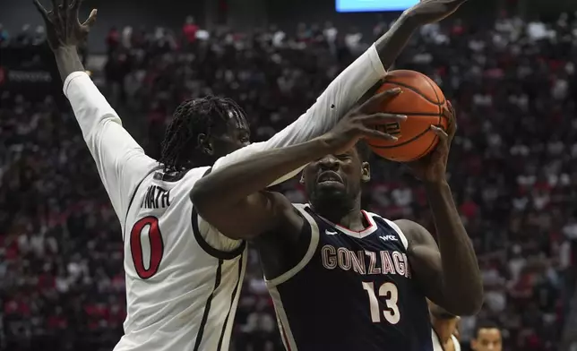 Gonzaga forward Graham Ike (13) is fouled by San Diego State forward Magoon Gwath during the first half of an NCAA college basketball game Monday, Nov. 18, 2024, in San Diego. (AP Photo/Gregory Bull)