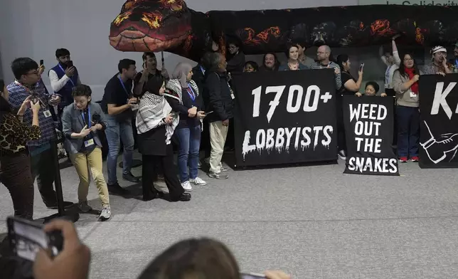 Activists participate in a demonstration against fossil fuels called weed out the snakes at the COP29 U.N. Climate Summit, Friday, Nov. 15, 2024, in Baku, Azerbaijan. (AP Photo/Joshua A. Bickel)