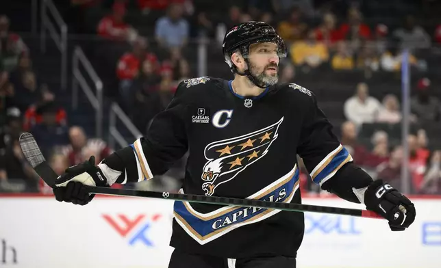 Washington Capitals left wing Alex Ovechkin looks on during the first period of an NHL hockey game against the Nashville Predators, Wednesday, Nov. 6, 2024, in Washington. (AP Photo/Nick Wass)