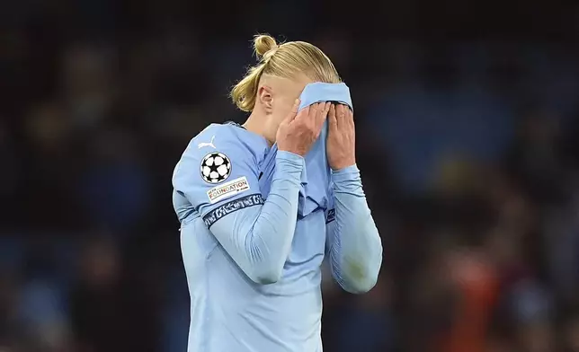 Manchester City's Erling Haaland after the final whistle in the Champions League opening phase soccer match between Manchester City and Feyenoord at the Etihad Stadium in Manchester, England, Tuesday, Nov. 26, 2024. (Martin Rickett/PA via AP)