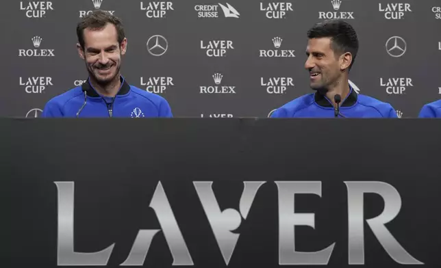 FILE - Britain's Andy Murray, left, and Serbia's Novak Djokovic attend a press conference ahead of the Laver Cup tennis tournament at the O2 in London, Thursday, Sept. 22, 2022. (AP Photo/Kin Cheung, File)