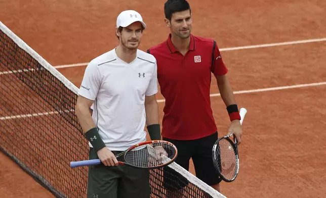 FILE - Serbia's Novak Djokovic, right, and Britain's Andy Murray pose for a picture at the net prior to their match in the final of the French Open tennis tournament at the Roland Garros stadium in Paris, France, Sunday, June 5, 2016. (AP Photo/Christophe Ena, File)