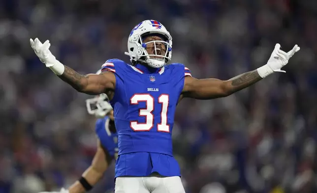 Buffalo Bills cornerback Rasul Douglas (31) reacts during the second half of an NFL football game against the Kansas City Chiefs Sunday, Nov. 17, 2024, in Orchard Park, N.Y. (AP Photo/Julia Demaree Nikhinson)