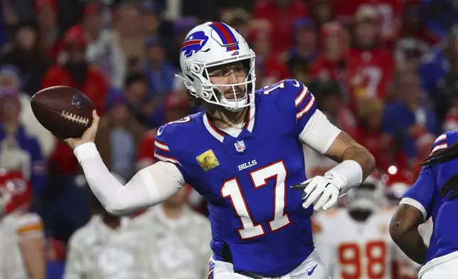 Buffalo Bills quarterback Josh Allen throws during the first half of an NFL football game against the Kansas City Chiefs Sunday, Nov. 17, 2024, in Orchard Park, N.Y. (AP Photo/Jeffrey T. Barnes)