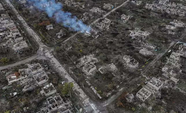 An aerial view of Chasiv Yar shows the frontline city in ruins after heavy fighting between Russian and Ukrainian forces, Donetsk Region, Ukraine, Monday, Nov. 11, 2024. (AP Photo)