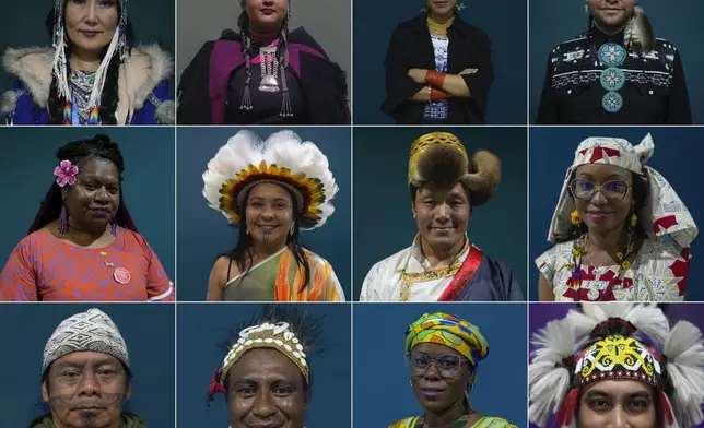 Members of various Indigenous communities pose for a photo while attending the COP29 U.N. Climate Summit in Baku, Azerbaijan. From top left, Saina Ekaterina Savvinova, 53, of Yakutsk, Russia, Antumalen Ayelen Antillanca Urrutia, 26, of Huapi Island, Chile, Sydney Males, 27, of Otavalo, Ecuador, Big Wind Carpenter, 31, of Wind River Reservation, United States, Flora Vano, 39, of Port Vila, Vanuatu, Puyr dos Santos Tembe, 47, of Belem, Brazil, Mingma Chhiri, 40, of the Khumbu Pasanglhamu Municipality District, Nepal, Hindou Oumarou Ibrahim, 41, of N'Djamena, Chad, Ninawa Inu Pereira Nunes, 50, of Feijo, Brazil, Marynne Rimbao, 42, of Unda village, Papua New Guinea, Didja Tchari Djibrillah, 30, of the Mayo-Kebbi East, Chad, and Jackson Michael, 40, of the Borneo, Malaysia. (AP Photo/Rafiq Maqbool)