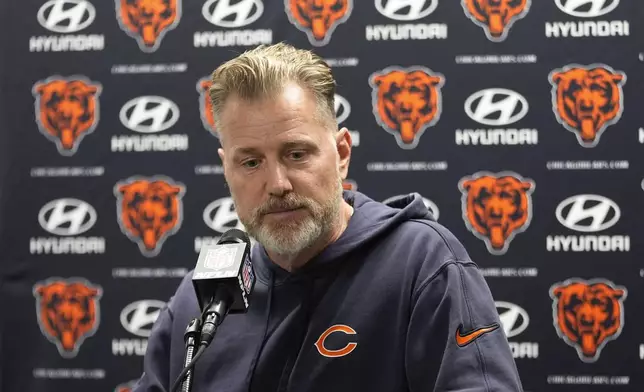 Chicago Bears head coach Matt Eberflus talks to the media after an NFL football game against the Chicago Bears in Detroit, Thursday, Nov. 28, 2024. (AP Photo/Carlos Osorio)