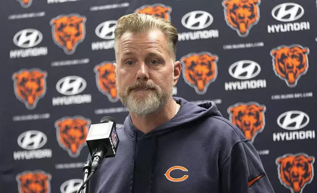 Chicago Bears head coach Matt Eberflus talks to the media after an NFL football game against the Chicago Bears in Detroit, Thursday, Nov. 28, 2024. (AP Photo/Carlos Osorio)