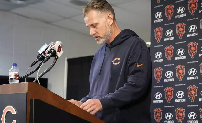 Chicago Bears head coach Matt Eberflus looks down as he talks to reporters during a news conference after an NFL football game against the Green Bay Packers in Chicago, Sunday, Nov. 17, 2024. (AP Photo/Nam Y. Huh)