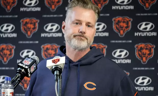 Chicago Bears head coach Matt Eberflus listens to reporters during a news conference after an NFL football game against the Green Bay Packers in Chicago, Sunday, Nov. 17, 2024. (AP Photo/Nam Y. Huh)