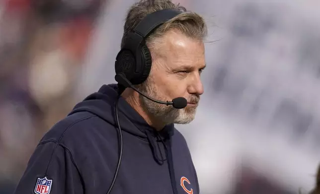 Chicago Bears head coach Matt Eberflus looks on from he sideline during the first half of an NFL football game against the Minnesota Vikings, Sunday, Nov. 24, 2024, in Chicago. (AP Photo/Erin Hooley)