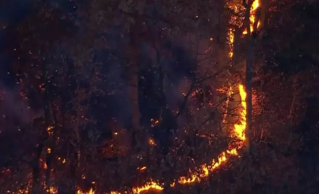 This aerial image taken from video shows a brush fire that broke out in a park on the northern tip of Manhattan in Inwood, N.Y., Wednesday, Nov. 13, 2024. (WABC-TV via AP)