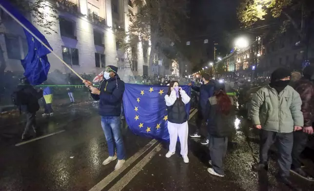 People stand with EU flags following Georgian Prime Minister Irakli Kobakhidze's announcement, rallying outside the parliament building in Tbilisi, Georgia, on Friday, Nov. 29, 2024. (AP Photo/Zurab Tsertsvadze)