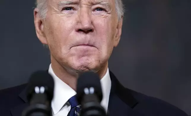 President Joe Biden speaks Tuesday, Oct. 10, 2023, in the State Dining Room of the White House in Washington, about the war between Israel and the militant Palestinian group Hamas. (AP Photo/Evan Vucci)