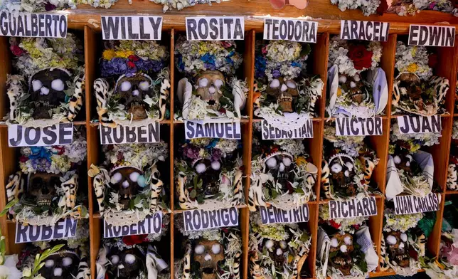 Decorated human skulls with names are displayed at the General Cemetery as part of the annual “Ñatitas” festival, a tradition marking the end of the Catholic holiday of All Saints, in La Paz, Bolivia, Friday, Nov. 8, 2024. (AP Photo/Juan Karita)