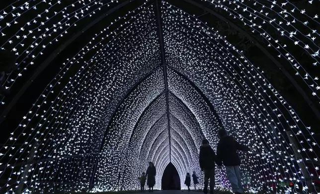 Visitors walk through the 'Cathedral' on the Christmas light trail as it returns for its 12th year, with a showcase of new installations set within the UNESCO World Heritage Site landscape of Kew Gardens in London, England, Tuesday, Nov. 12, 2024. (AP Photo/Kirsty Wigglesworth)