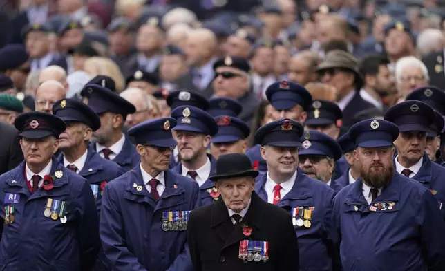 Veterans line up as they attend the Remembrance Sunday Service at the Cenotaph in London, Sunday, Nov. 10, 2024. (AP Photo/Alberto Pezzali, Pool)