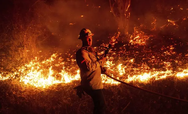 A firefighter prepares to douse flames while battling the Mountain Fire on Wednesday, Nov. 6, 2024, in Santa Paula, Calif. (AP Photo/Noah Berger)