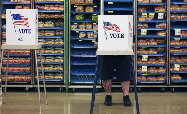 Steven Vandenburgh votes at a grocery store, Tuesday, Nov. 5, 2024, in Lawrence, Kan. (AP Photo/Charlie Riedel)