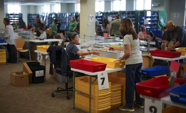 Election workers process mail-in ballots for the 2024 General Election at the Chester County, Pa., administrative offices, Tuesday, Nov. 5, 2024, in West Chester, Pa. (AP Photo/Matt Slocum)