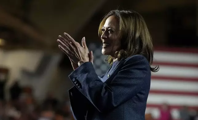 Democratic presidential nominee Vice President Kamala Harris speaks during a campaign rally at Jenison Field House on the campus of Michigan State University, Sunday, Nov. 3, 2024, in East Lansing, Mich. (AP Photo/Jacquelyn Martin)