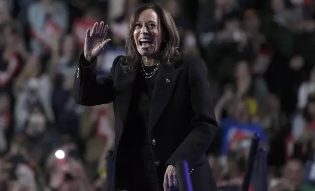 Democratic presidential nominee Vice President Kamala Harris arrives to speak during a campaign rally in Memorial Hall at Muhlenberg College in Allentown, Pa., Monday, Nov. 4, 2024. (AP Photo/Susan Walsh)