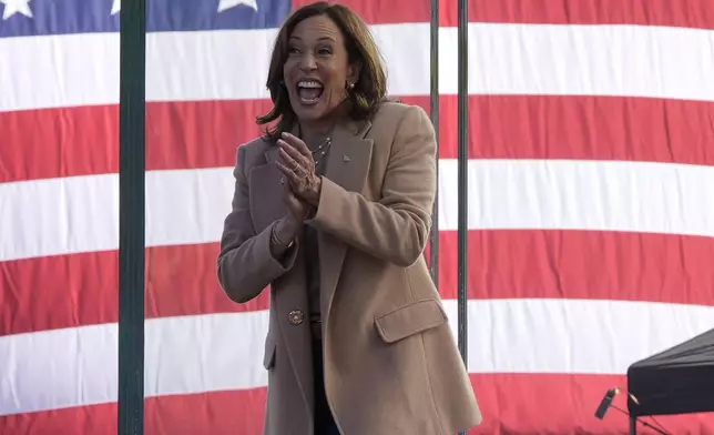 Democratic presidential nominee Vice President Kamala Harris speaks during a campaign rally outside the Atlanta Civic Center, Saturday, Nov. 2, 2024. (AP Photo/Jacquelyn Martin)