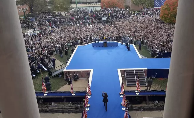 Vice President Kamala Harris takes the stage to deliver a concession speech for the 2024 presidential election on the campus of Howard University in Washington, Wednesday, Nov. 6, 2024. (AP Photo/David J. Phillip)