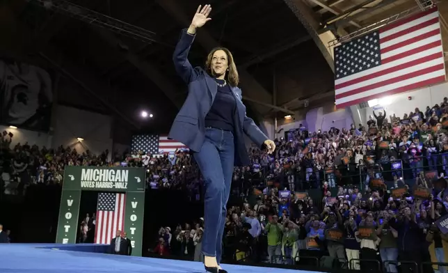 Democratic presidential nominee Vice President Kamala Harris arrives to speak during a campaign rally at Jenison Field House on the campus of Michigan State University, Sunday, Nov. 3, 2024, in East Lansing, Mich. (AP Photo/Jacquelyn Martin)