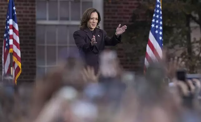 Vice President Kamala Harris delivers a concession speech after the 2024 presidential election, Wednesday, Nov. 6, 2024, on the campus of Howard University in Washington.(AP Photo/Susan Walsh)