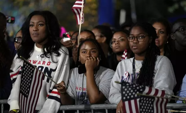 Supporters watch as results come in at an election night campaign watch party for Democratic presidential nominee Vice President Kamala Harris, Tuesday, Nov. 5, 2024, on the campus of Howard University in Washington. (AP Photo/Susan Walsh)