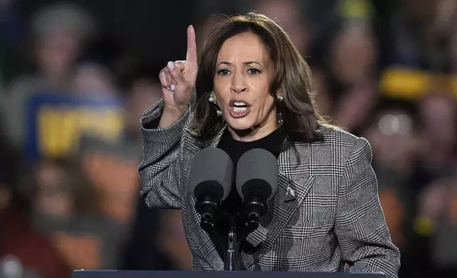 Democratic presidential nominee Vice President Kamala Harris speaks during a campaign rally at Burns Park in Ann Arbor, Mich., Monday, Oct. 28, 2024. (AP Photo/Carlos Osorio)