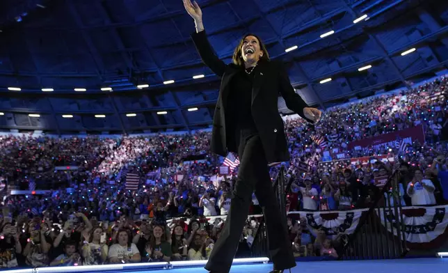 Democratic presidential nominee Vice President Kamala Harris arrives to speak during a campaign rally at the Alliant Energy Center in Madison, Wis., Wednesday, Oct. 30, 2024. (AP Photo/Jacquelyn Martin)